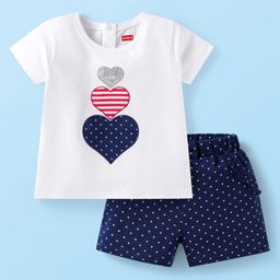 Babyhug Single Jersey Knit Half Puffed Sleeves with Heart Embroidery & Star Printed Top & Shorts Set - White & Navy-image-52