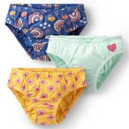Babyoye Cotton Elastane Knit Floral Heart & Rainbow Printed Panties Pack of 3 - Yellow Sea Green & Navy Blue-image-99