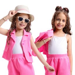 Ollington St. Waffle Sleeveless Solid Jacket & Shorts Set with Inner Top - Pink & White-image-86