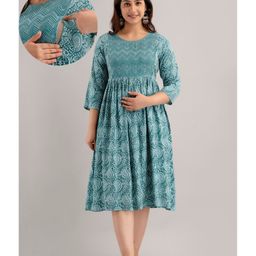 CeleBravo Rayon Three Fourth Sleeves Paisley Printed Maternity Dress With Nursing Access - Teal Blue-image-37