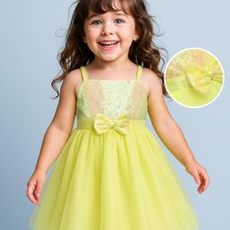 Babyhug Woven Sleeveless Fit & Flare Mesh Party Dress with Sequined Yoke & Bow Applique - Limegreen-image-59