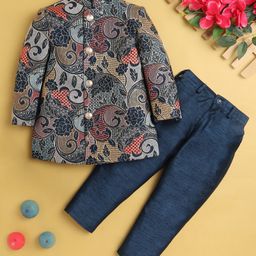 Jeet Ethnics Cotton Blend Full Sleeves Floral Embroidered Sherwani With Pant Set - Navy Blue-image-41