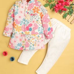 Jeet Ethnics Cotton Blend Full Sleeves Floral & Paisley Printed Kurta Pyjama With Jacket Set - Pink-image-96