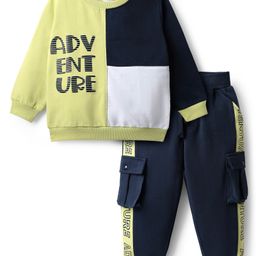 Mark & Mia Terry Knit Full Sleeves Cut & Sew Text Printed Winter Wear Suit with Cargo Pockets - Navy Blue & Light Green-image-21