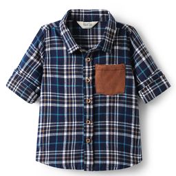 Bonfino Cotton Flannel Checkered Shirt with Contrast Pocket - Navy Blue-image-52