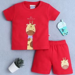 BUMZEE Cotton Knit Half Sleeves Cute Giraffe Printed Tee & Coordinating Shorts Set - Red-image-45