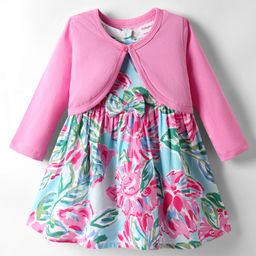 Babyhug 100% Cotton Full Sleeves Jacket With Floral Printed Frock with Bow Applique - Pink-image-20