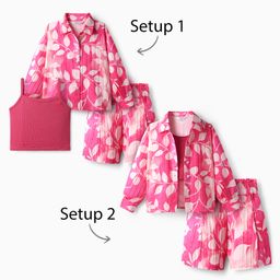 OLLINGTON ST. Woven Full Sleeves Textured Co-ord Shrug & Shorts Set With Inner Rib Top & Leafy Print - Pink-picture-47