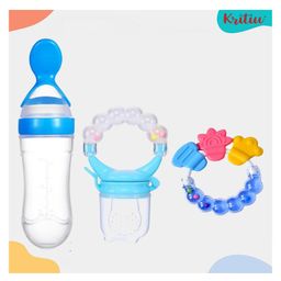 Kritiu Baby Silicone Squeezy Food Feeder Spoon Bottle Rattle Teether and Silicone Fruit & Food Nibbler -(Pack of 3)- Blue-8