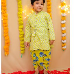 BownBee Pure Cotton Woven Full Sleeves Chevron Printed Gota Lace Embellished Kurta Dhoti Set - Yellow-picture-30