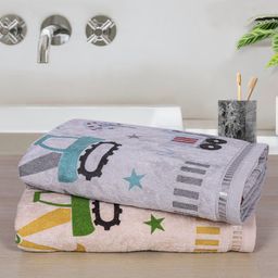Rangoli 100% Cotton Knit Pack Of 2 Excavator Printed Towels - Grey & Beige-picture-24