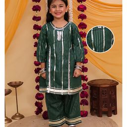 AJ Dezines Cotton Woven Three Fourth Sleeves Gota Lace Embellished & Striped Designed Kurti Pant With Dupatta Set - Dark Green-picture-25