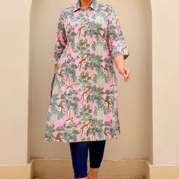 FLAVIA CREATION Plus Size Floral Printed Shirt Collar Straight Cotton Kurta-picture-33