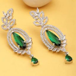 Zeneme Rhodium Plated Green AD Studded Teardrop Shaped Drop Earrings-image-39