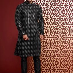 ManQ Black Georgette Regular Fit Embroidered Kurta Kurtis-image-9