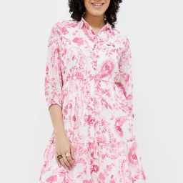 Colour Me by Melange White & Pink Floral Print Shirt Dress-picture-36