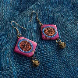 ExclusiveLane 'Tribal Warli Squares' Punch Pink & Orange Resin Brass Earrings in Warli Art-27