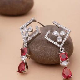 Zeneme Rhodium Plated Brass Crystal AD Geometric Drop Contemporary Earrings-31