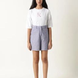RAREISM Blue Linen Striped Shorts-image-44
