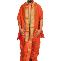 Exotic India Men Ready to Wear Dhoti and Veshti Set with Woven Golden Border-image-89