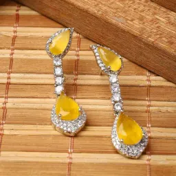 Zeneme Rhodium Plated Silver Toned AD Teardrop Shaped Drop Earrings-image-68