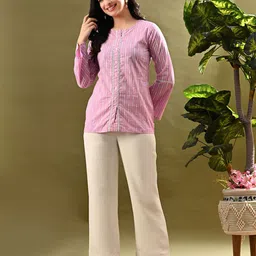 Sangria Printed Cotton Round Neck Top With Lace-Detail-28