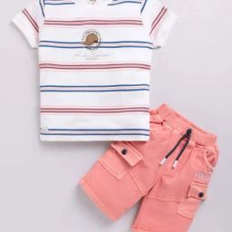 UNO KIDS Boys Peach & White Striped Top & Short sets-image-93