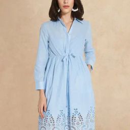 RAREISM Blue Cotton Solid Long Sleeves Dress-image-70