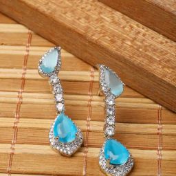 Zeneme Rhodium Plated Silver Toned AD Teardrop Shaped Drop Earrings-48