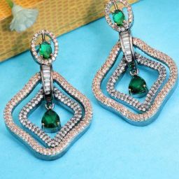 Zeneme Rose Gold Plated Gunmetal Green AD Studded Contemporary Drop Earrings-4