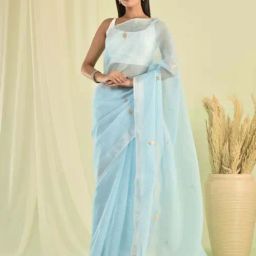 Sutra Attire Turquoise Blue Linen Tissue Gotapatti Saree-image-70