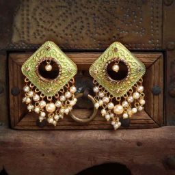 Panash Gold-Plated & Green Square Shaped Drop Earrings-30