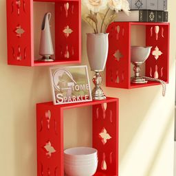 Home Sparkle Red Set of 3 Cube Wall Shelves-42
