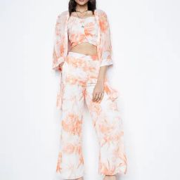 AND Orange & White Floral Print Crop Top With Pants & Jacket-image-68