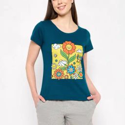 Clovia Blue & Shorts Graphic Print Top With Shorts-image-86