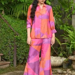 Mahee Jaipur Purple & Orange Purple and Orange Geometric Botanic design Shirt with Pant Co-ord Set-image-72