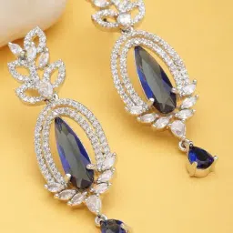 Zeneme Rhodium Plated Blue AD Studded Teardrop Shaped Drop Earrings-image-26