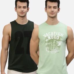 Rigo Dark Green & Light Green Slim Fit Printed Sleeveless Crew T-Shirt - Pack of 2-image-8