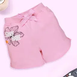 Kiddopanti Girls Baby Pink Cotton Knit Printed Hot Shorts With Bow-image-76