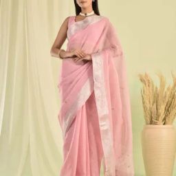 Sutra Attire Pink Linen Tissue Zardozi Work Saree-image-3