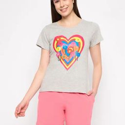 Clovia Grey & Pink Graphic Print Top With Shorts-image-8