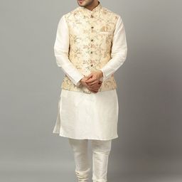 Ethluxis Mandarin Collar Straight Kurta with Churidar & Embroidered Nehru jacket-image-68