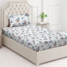 Arrabi White & Blue Floral Printed 350 TC Single Bedsheet Set 2.15 m x 1.5 m-image-85