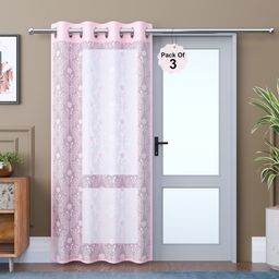 Kuber Industries Pink & White Set of 3 Door Curtain-15