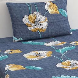METRO LIVING Navy Blue Floral Printed Microfiber 104 TC Single Bedsheet Set-image-52