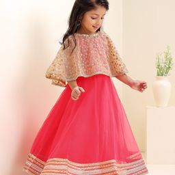Babyhug Sleeveless Solid Color Dress With Embroidered Poncho - Beige Pink-image-128
