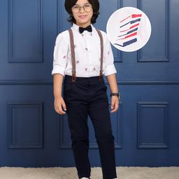 Mark & Mia Full Sleeves Printed Shirt With Trouser Suspender & Bow - White-image-59