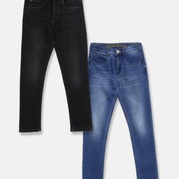 Tales & Stories Pack Of 2 Button Down Solid Jeans - Black & Dark Blue-image-83