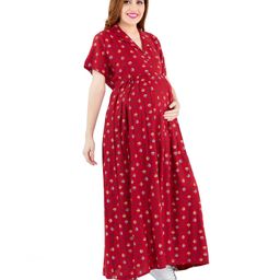 Lovely Mom's  Half Sleeves Abstract Printed A Line Long Dress With Concealed Zipper Nursing Access - Red-image-81