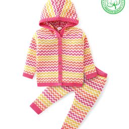 Babyhug Knitted Full Sleeves Hooded Sweater Set With Chevron Design - Yellow & Pink-image-68